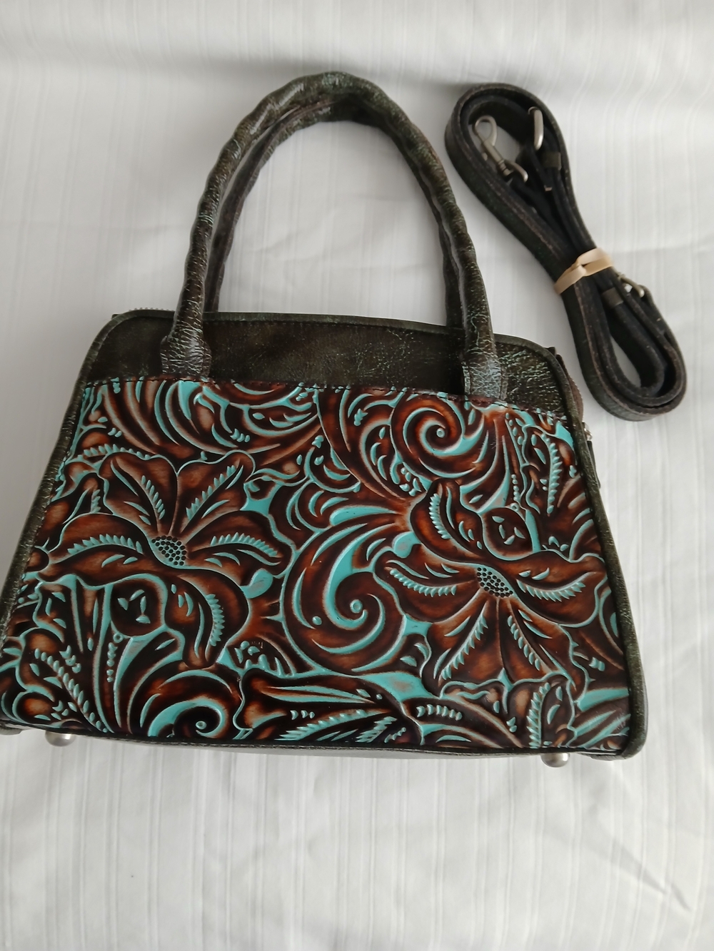 Patricia Nash Women’s Tooled Floral Leather Satchel in Turquoise and Brown